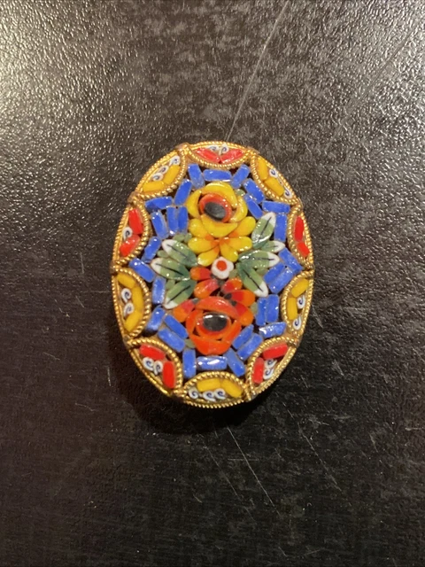 Broche victorienne ancienne en or 15ct Pietra Dura Mosaïque florale - En vente sur France