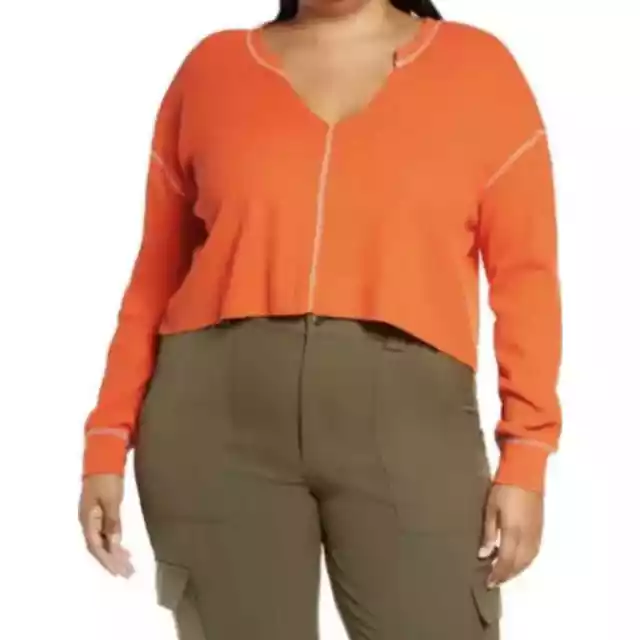 BP Womens Crop Top Long Sleeve Plus Size 2X Fall Orange Waffle Knit Split Neck