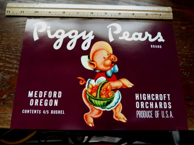 PIGGY PEARS Fruit Crate Label Medford Oregon advertising art print