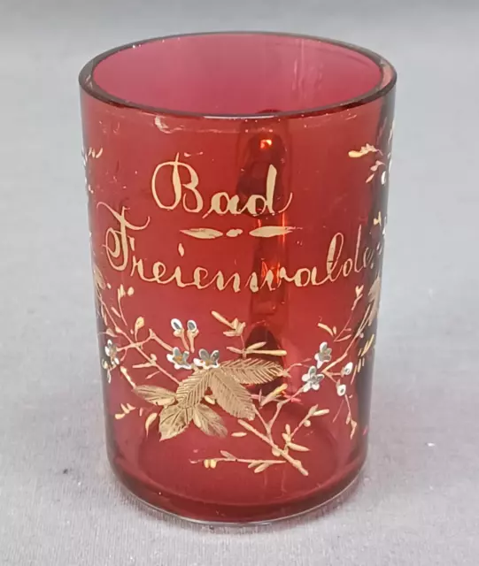 German Bad Freienwalde Raised Floral & Gold Cranberry Small Spa Glass Mug