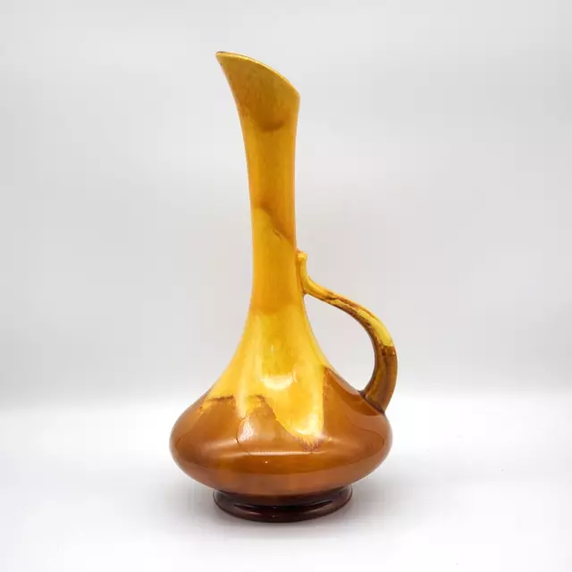 Vtg MCM Royal Haeger 12" Pitcher Vase Handle Yellow Brown Glaze Crazing Autumn