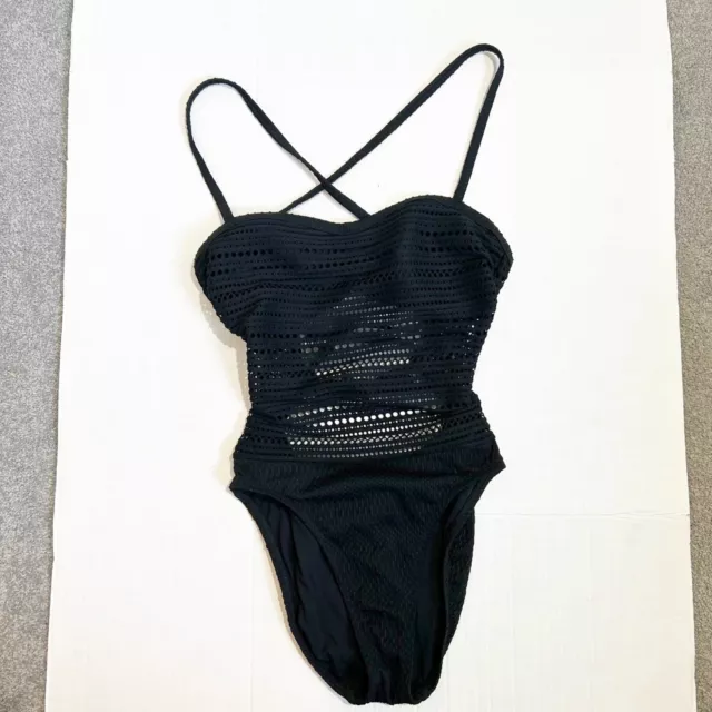 Robin Piccone Black Perla Crochet One Piece Swimsuit Size 6 Bandeau Sheer