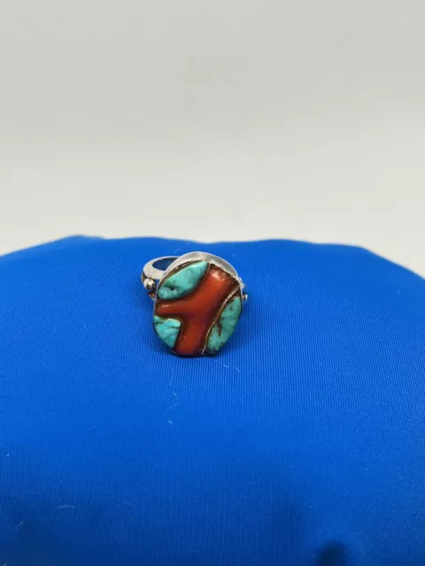 Native American Sterling Silver Turquoise And Coral Ring (Read Description)