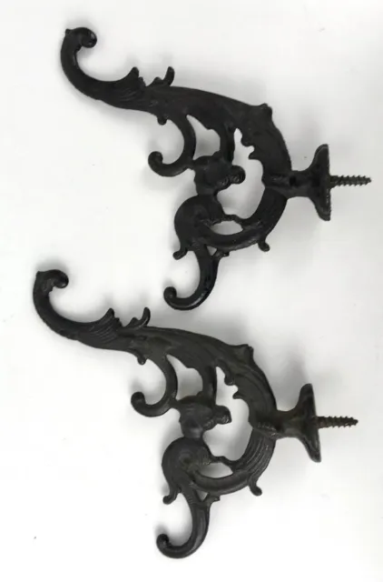 2 Vintage Wrought Iron Black Decoratve Hangers Hooks Lady 5.5” Long X 4.5” High