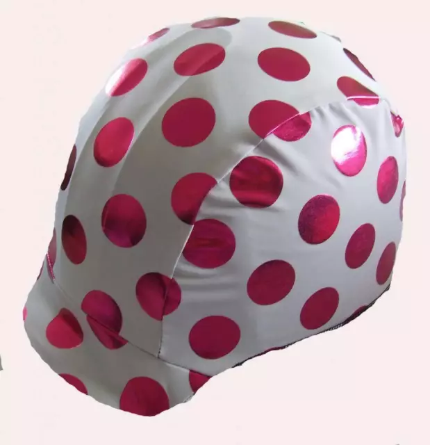 Ecotak lycra helmet cover - White with metalic pink polka dots.  Ecotak