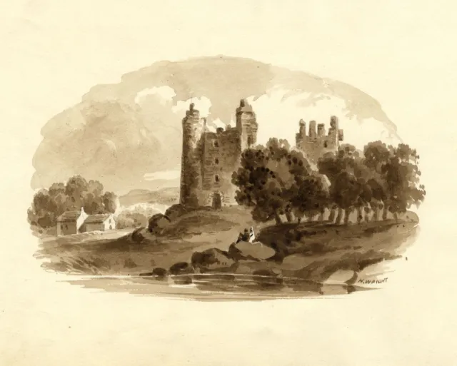 H. Wright, Sepia Castle with Resting Figures – mid-19th-century watercolour
