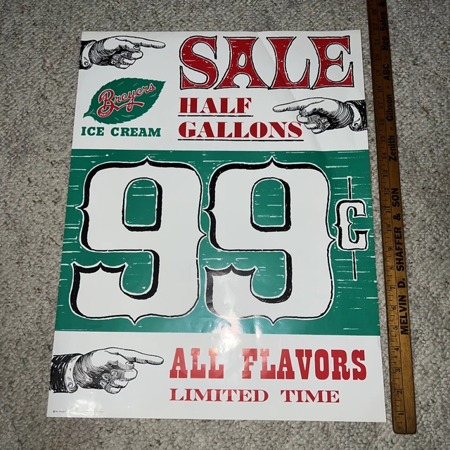 Vintage 1950s Grocery Store Breyers 1/2 Gallon Ice Cream Sale Dairy Sign