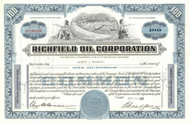 Richfield Oil Corporation - 1950's dated Stock Certificate - Merged with Atlanti