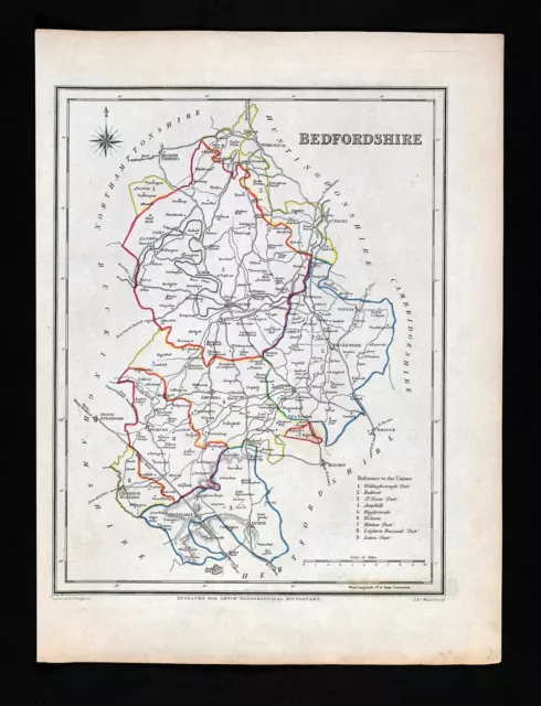 1831 Lewis Map Bedfordshire Bedford Luton Shefford Ampthill Dunstable England UK