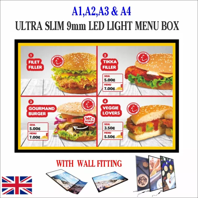 9mm,LED Slim Advertising Lightbox Sign  Poster Menu Board FrameA1,A2,A3 &A4