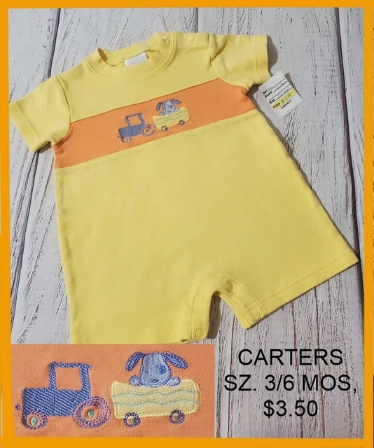Infant Boys Vintage Carters Yellow Romper W/Tractor, Trailer & Dog - 3/6 Mos.