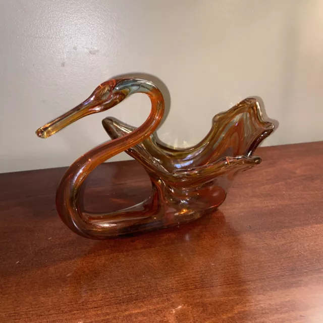 Vintage Hand Blown Glass Swan  Amber Colored Swirls 10" Art Dish Nut Candy Bowl