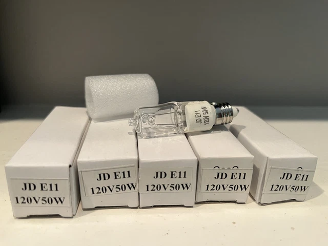 [5 Pack] 50 Watt 120 Volt Halogen Bulbs E11 Mini Candelabra 120V 50W T4 JD Lamp