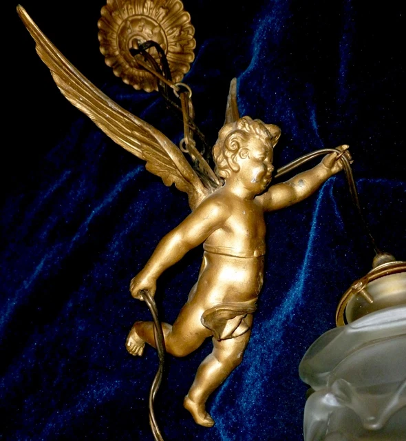 French Antique Chandelier Winged Angel Cherub with Two Satin  Rose Shades