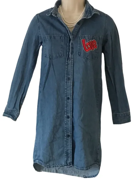 Girls Blue Denim Shirt Dress Top 100% Cotton Age 10-12 Years ‘Love’ Motif VGC