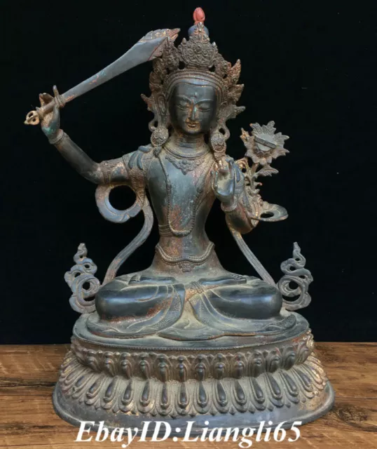 17 '' Altes Tibet Lila Bronze Gold Wenshu Manjushri Göttin halten Statue