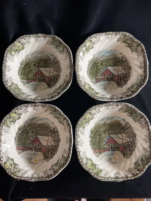 4 Johnson Bros England The Friendly Village 7" Soup Salad Bowls~Covered Bridge