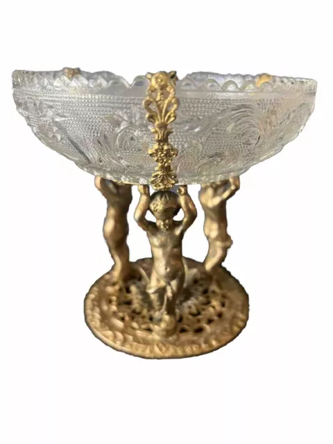 Antique 19th Century Glass Bowl Pedestal Dish with Gold Cherubs Footed Compote