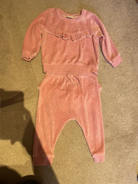 Next Baby Girl Pink Spot Velour Joggers Set Size 9-12 Months