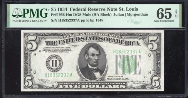 1934 $5 ST LOUIS FRN FEDERAL RESERVE NOTE PMG 65 EPQ Fr 1956-H 52337