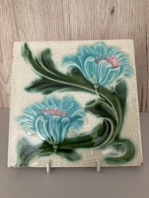 Antique Art Nouveau Floral Majolica 6" Tile Corn Brothers