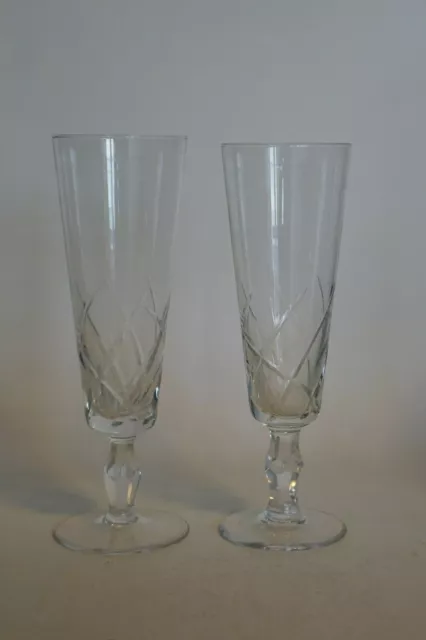 PAIR of Diagonal Cut Champagne Flutes with Rotated Hexagonal Cut Stems #2