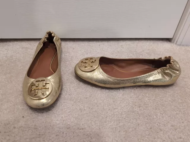 Tory Burch Reva Leather Slip On Crackled Gold Casual Ballet Flats Women’s  9.5