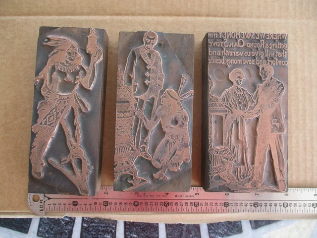Letterpress Printing Lot Of 3 Round Oak Stove Copper On Wood Blocks