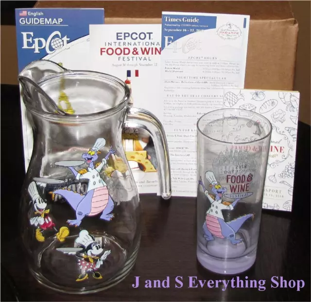 2018 Epcot Food and Wine Festival Passholder Figment Pitcher, Glass +more Disney