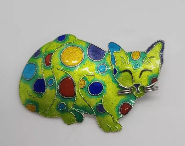 Vintage signed Zarah sterling silver 925 enamel polka dot CAT brooch pin