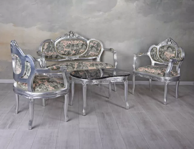 Sofagarnitur toile de jouy Sitzgruppe Barock Sofa Sessel Marmor Couchgarnitur 2