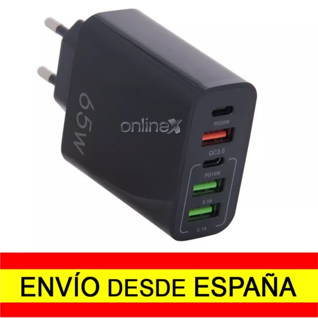 Cargador Pared Multipuerto USB y Tipo C Carga Rápida 65W Entrega 24-48H a5790