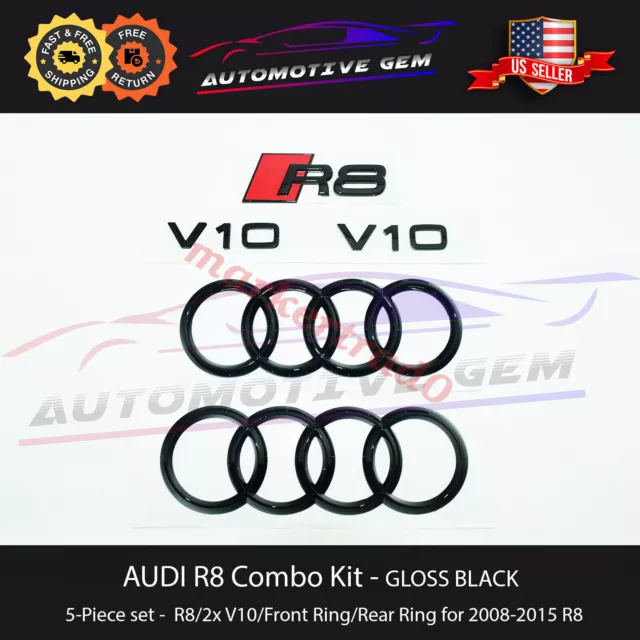 AUDI R8 Emblem GLOSS BLACK Hood Trunk Ring V10 Logo Badge Kit Set 2008-2015