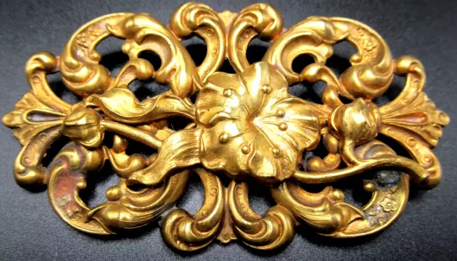 Art Deco Russian Golden Gilt Ornate Scrolls & Flower Pin Brooch