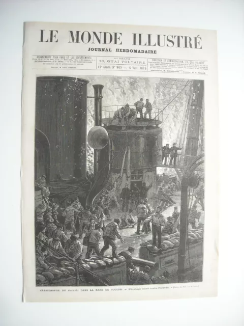 Gravure 1875. Catastrophe Du Magenta, Rade De Toulon. Equipage Luttant Incendie.