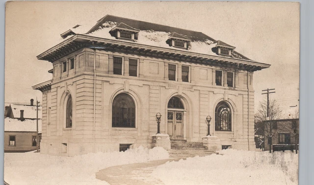 CARNEGIE PUBLIC LIBRARY ludington mi real photo postcard rppc michigan ~rare