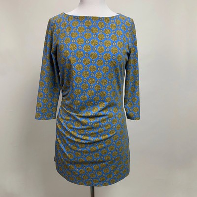 J McLAUGHLIN 3/4 Sleeve Boat Neck Side Ruch Catalina Cloth DRESS Size M Blue