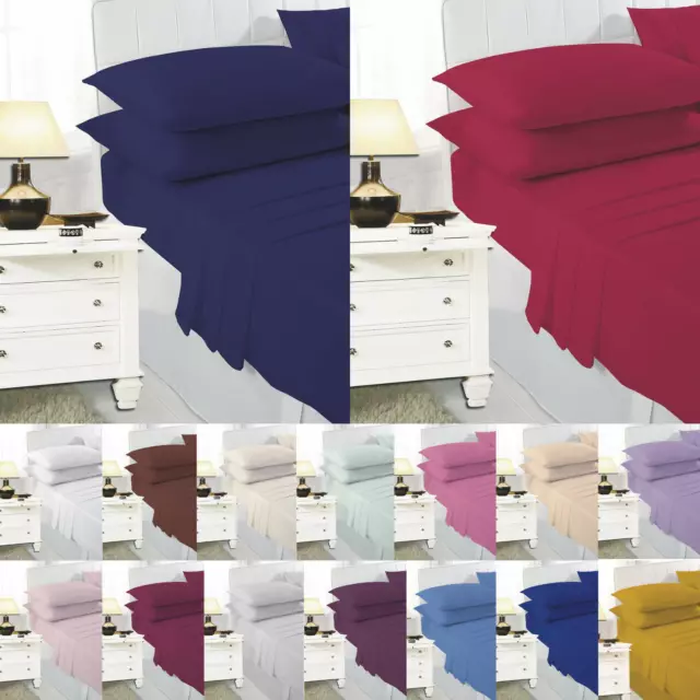 Plain Dyed Poly Cotton FITTED AND FLAT SHEET SETS WITH PILLOW CASE All Sizes UK