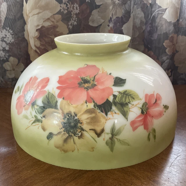 Vintage 14" Hibiscus Rose Oil Or Electric Hanging Glass Dome Light Lamp Shade