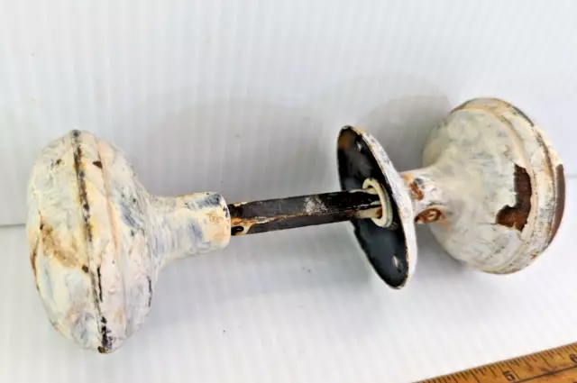 Vintage Pair Metal Door Knobs Victorian style White Paint Classic Rusted 2