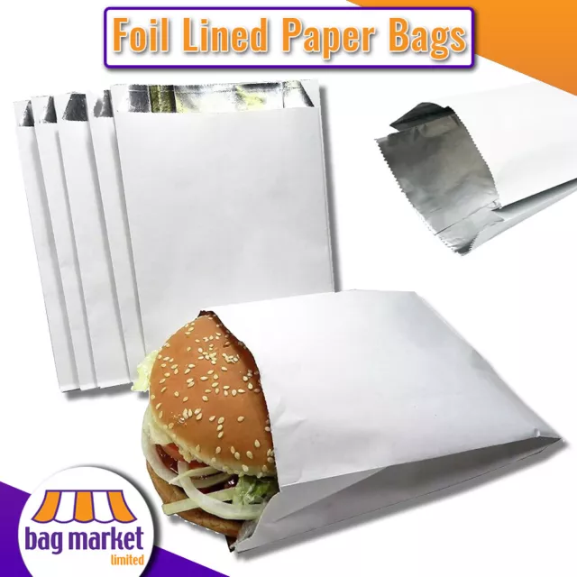 Foil Lined White Paper Bags 8" / 12" / 14" - Chicken BBQ Naan Takeaway Hot Food