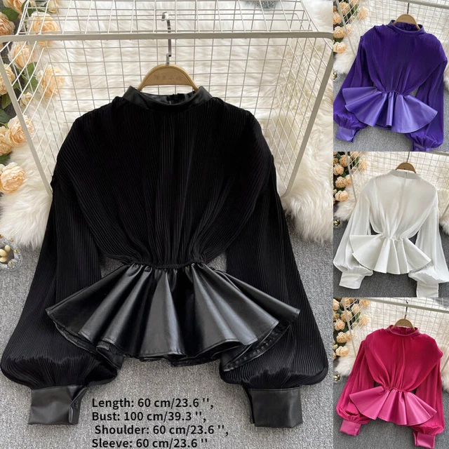 Femme Péplum Épissure Chemises Plissé Volant Simili Cuir Haut Chemisier T-Shirt