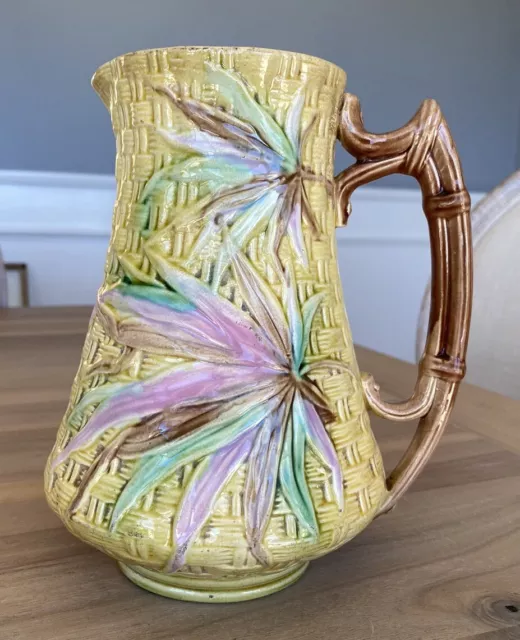 Banks & Thorley - Basketweave & Bamboo 8” Pitcher - Antique Majolica Pottery