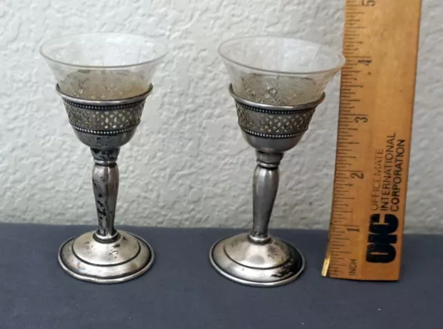 Pair of EL-SIL-CO Vintage Sterling Silver Sherbet Dessert Cups w/ Etched Glass