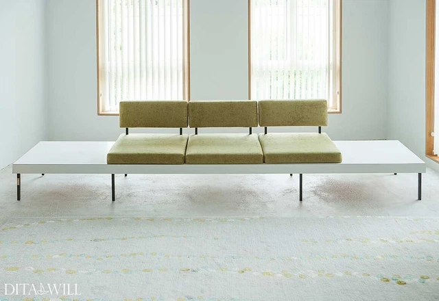Mid Century Long White 3 Seat Sofa inc Designers Guild 'Moss' Fabric Swiss 1950s
