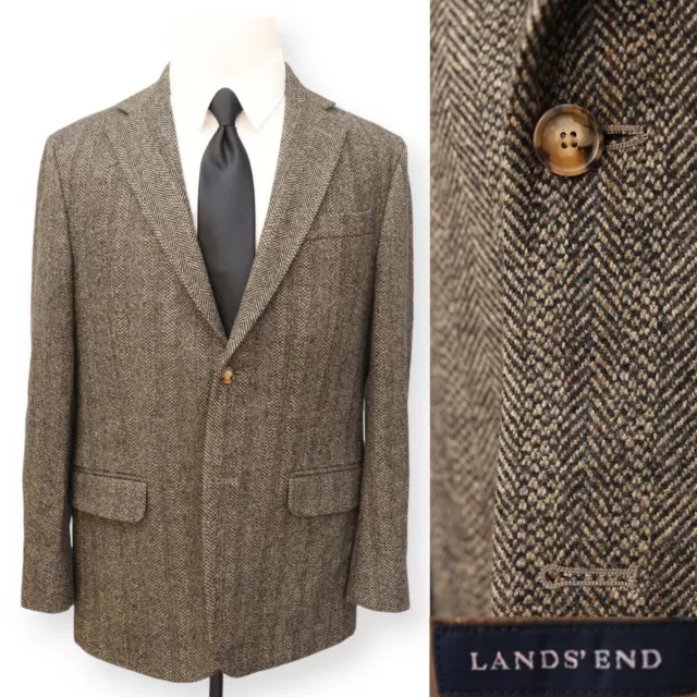 LANDS END TWEED mens brown herringbone WOOL sport coat suit jacket blazer 42 R