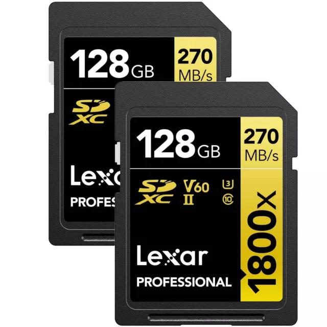 Tarjeta de memoria Lexar Gold Series Professional 1800x 128 GB UHS-II U3 SDXC, paquete de 2