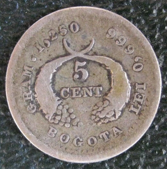 Colombia 5 Centavos 1876 Bogota, Silver, KM # 174a, Very Rare 19000 exp,