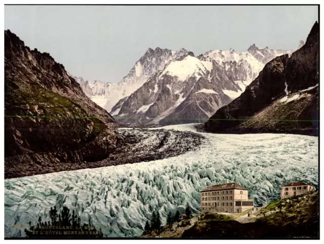 Vallée de Chamonix, La Mer de Glace et l’hôtel Montanvert Vintage photochrome,