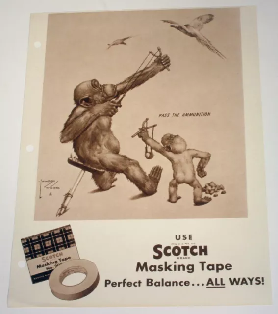 VTG 1940s LAWSON WOOD 3M SCOTCH TAPE LITHOGRAPH PRINT AD MONKEY HUNTING